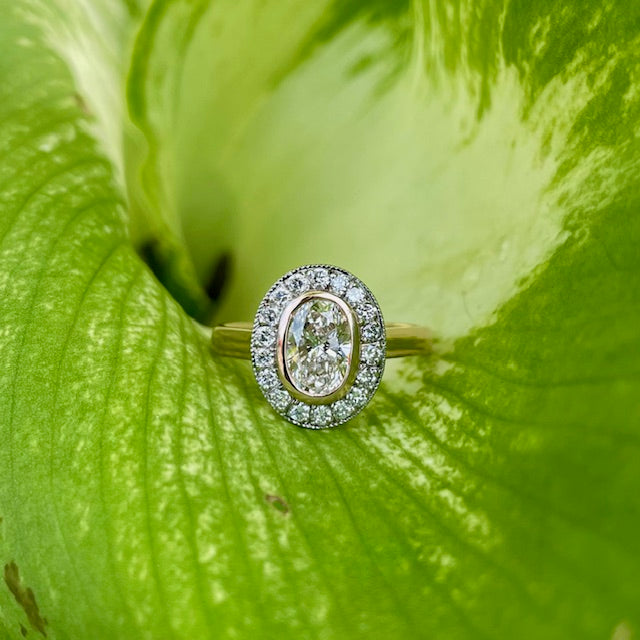 9ct Rose and White gold Oval Lab grown diamond halo ring 