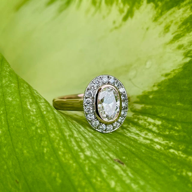 9ct Rose and White gold Oval Lab grown diamond halo ring 