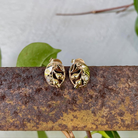 9ct Yellow and White gold Gumnut and leaf stud diamond earrings