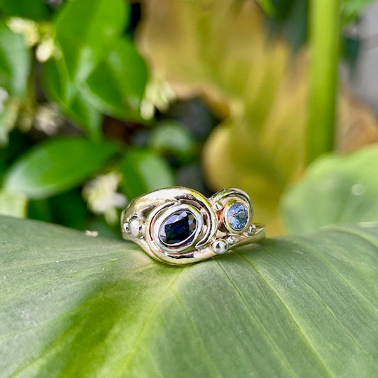 9ct Yellow and White gold, Blue Sapphire swirl ring 