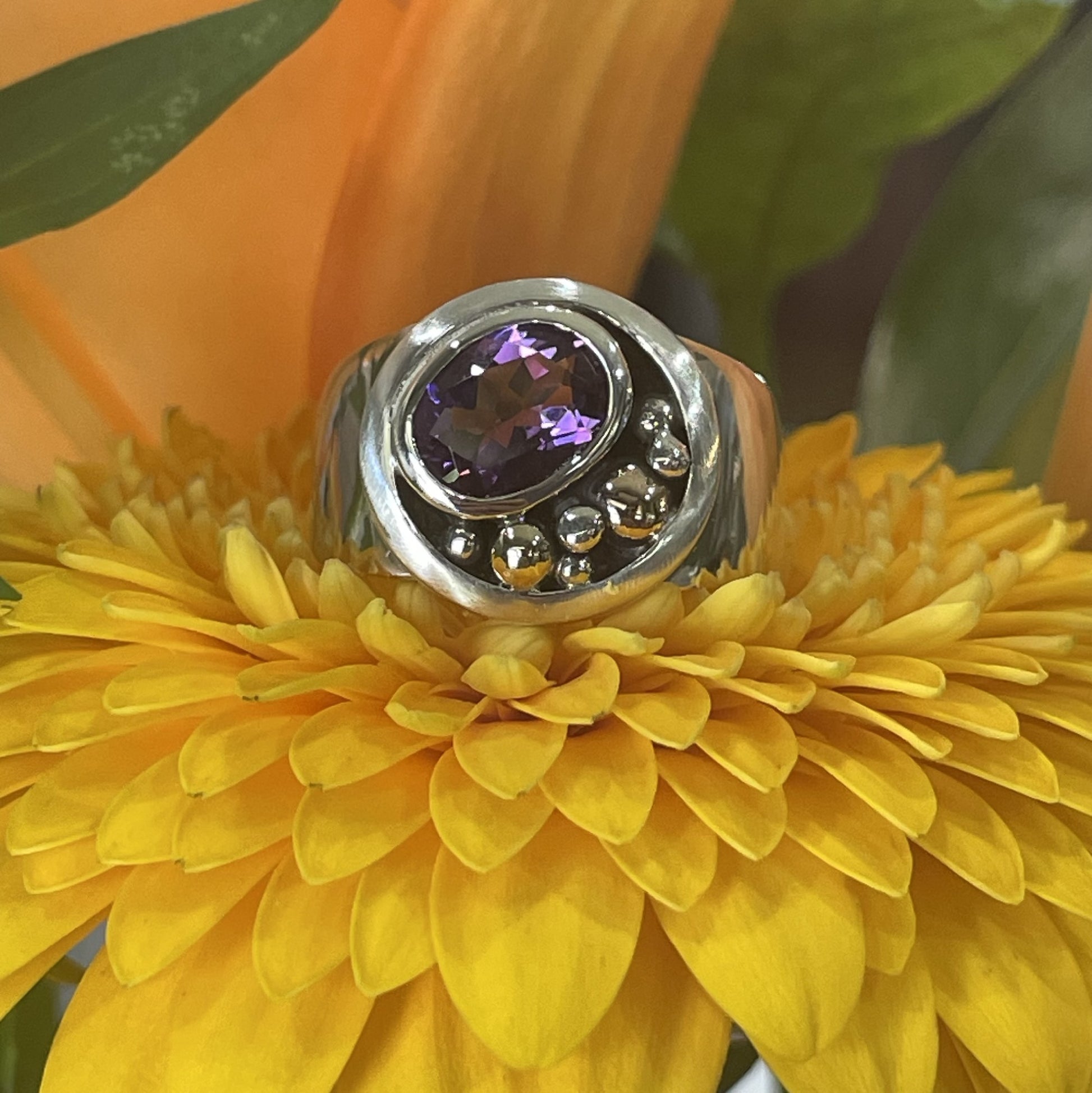 Sterling Silver Disc and 9ct Rose Gold Amethyst Ring
