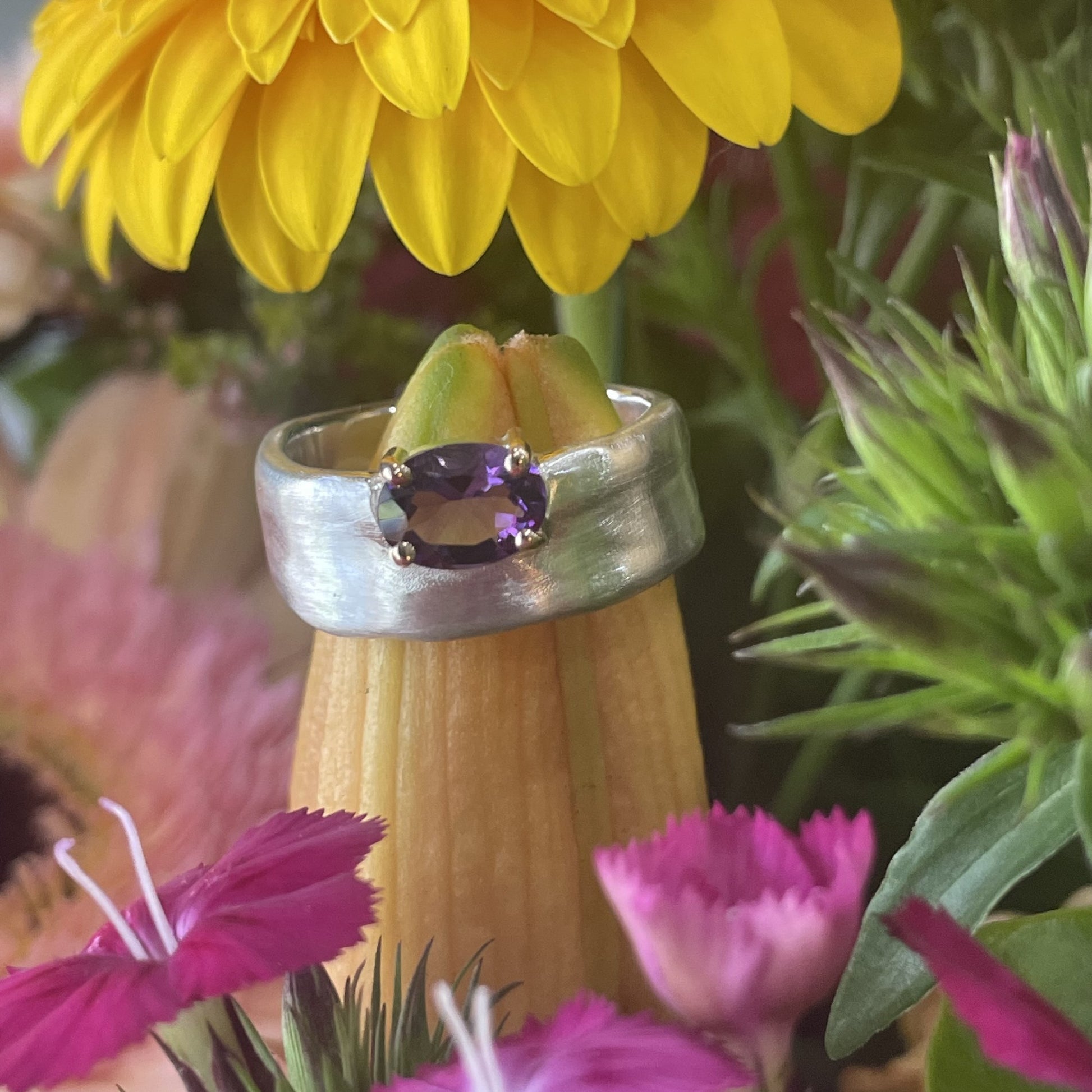 Sterling Silver 9ct Rose Gold Claw Set Amethyst Ring