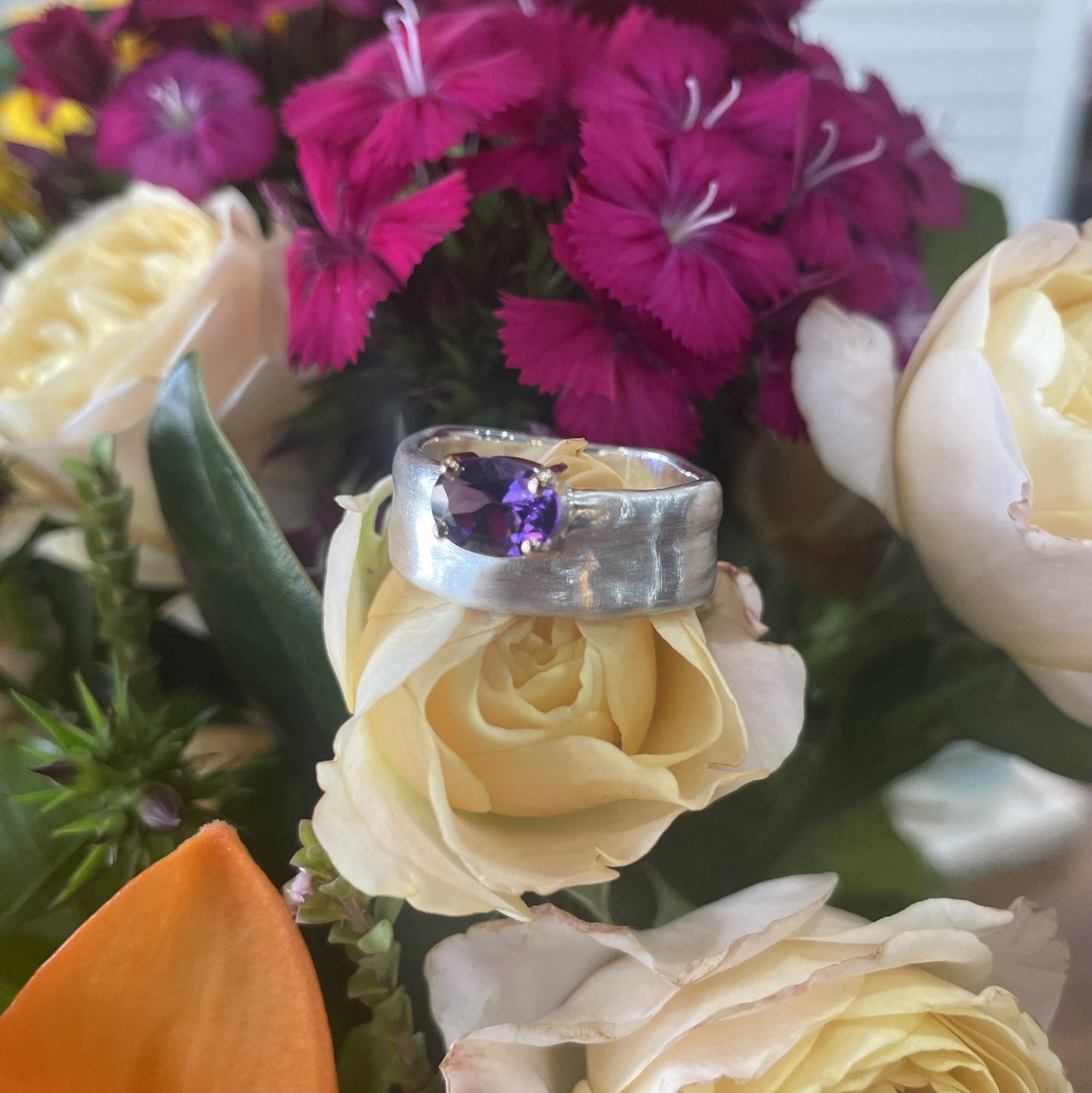 Sterling Silver 9ct Rose Gold Claw Set Amethyst Ring