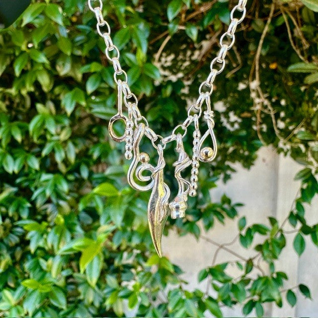 Sterling silver and 9ct yellow gold gumleaf, gumnut trinket necklace
