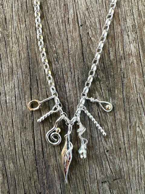 Sterling silver and 9ct yellow gold gumleaf, gumnut trinket necklace