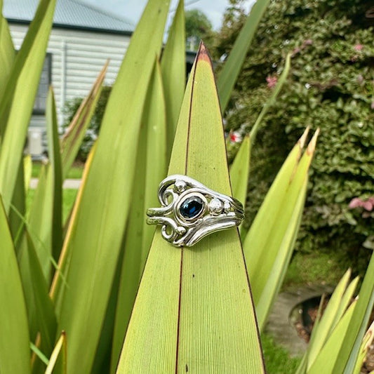 Sterling Silver, 9ct Yellow gold Blue Sapphire swirl ring