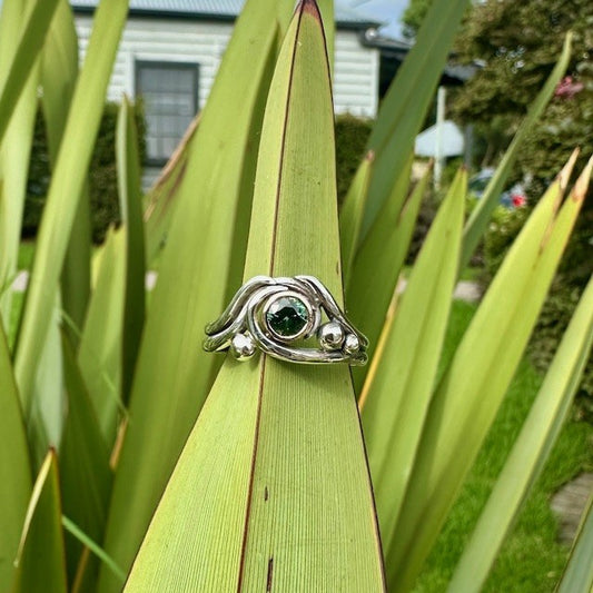 Sterling Silver and 9ct Rose gold, Green Sapphire swirl ring