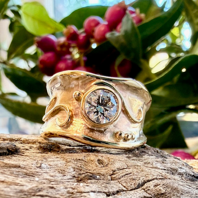 9ct Yellow gold molten style wide band Diamond Ring