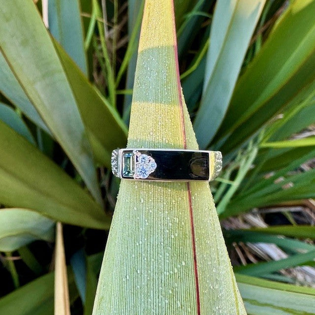 Sterling silver, 9ct yellow gold, Sapphire and diamond sandcast signet ring