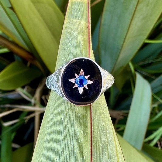 Sterling Silver and 9ct Rose gold Sandcast Sapphire signet ring 