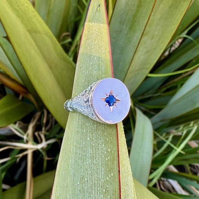 Sterling Silver and 9ct Rose gold Sandcast Sapphire signet ring 