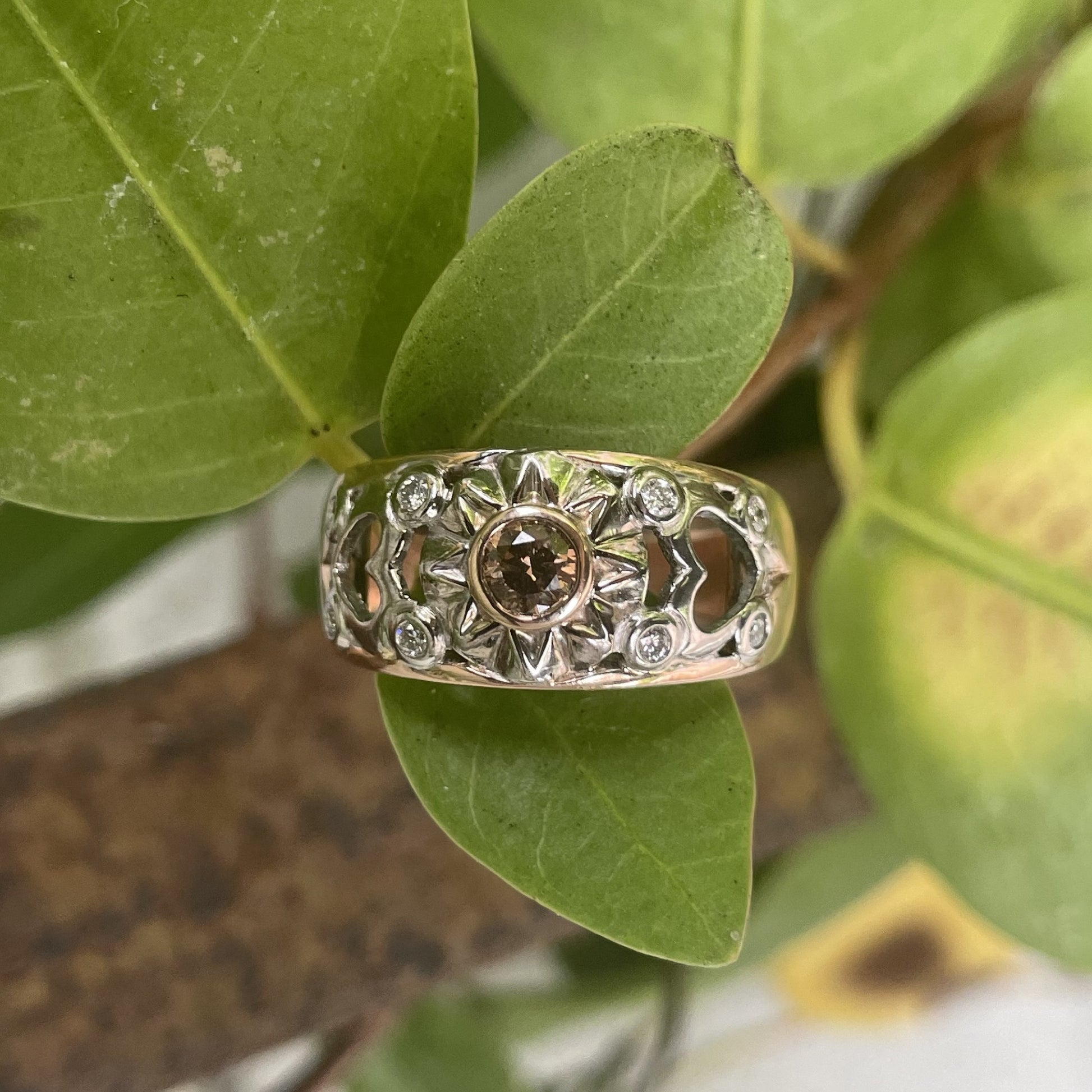 9ct Rose and White Gold Chocolate Argyle Diamond Sun and Hearts Ring