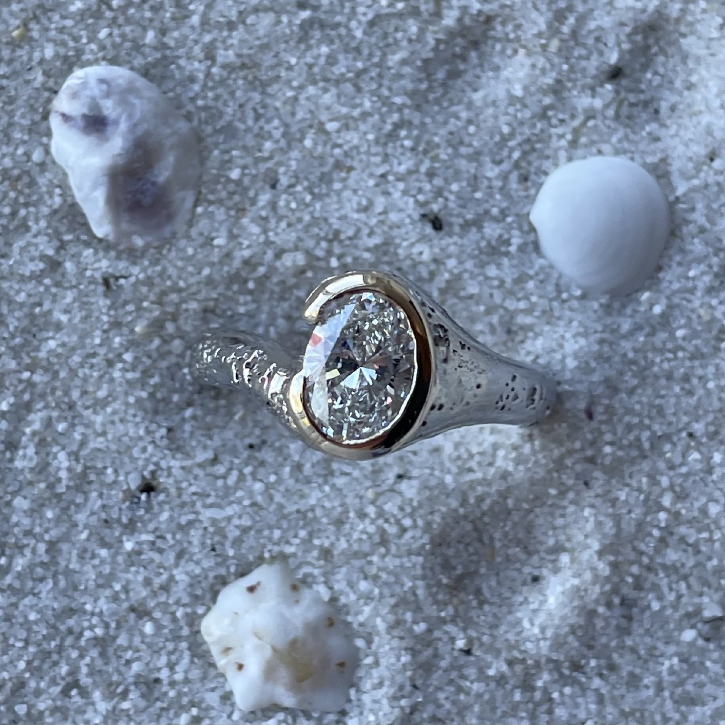 9ct Yellow and White Gold Diamond Sandcast Ring