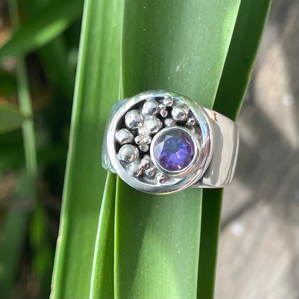 Sterling Silver Amethyst Ball Detail Ring