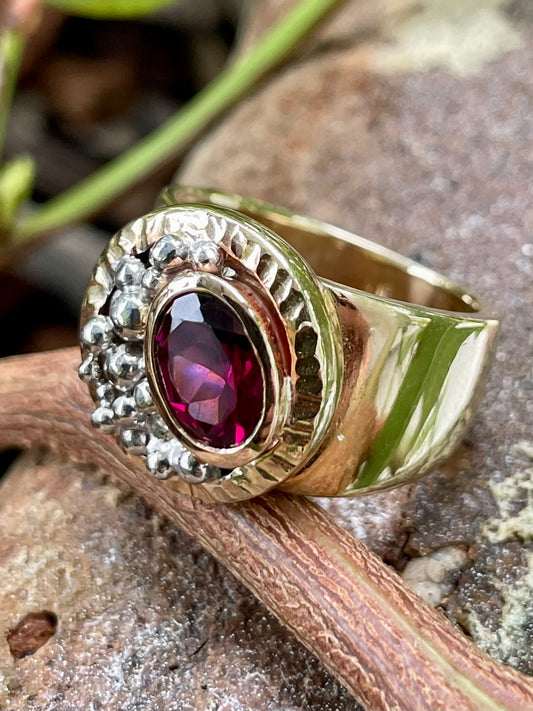 9ct Yellow, Rose and White Gold Rhodolite Garnet Ball Ring