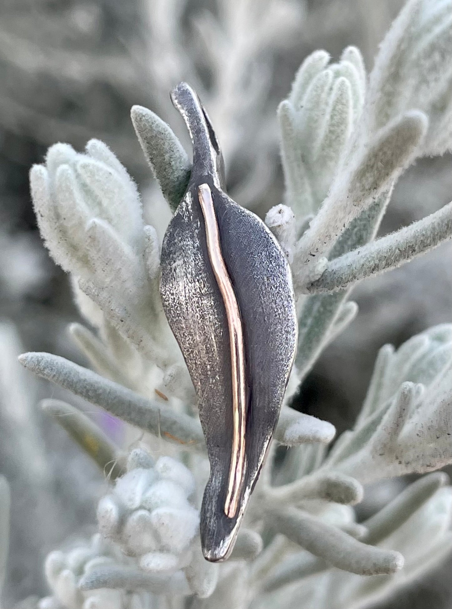Oxidised Sterling Silver & 9ct Rose Gold 'Gum leaf' Pendant