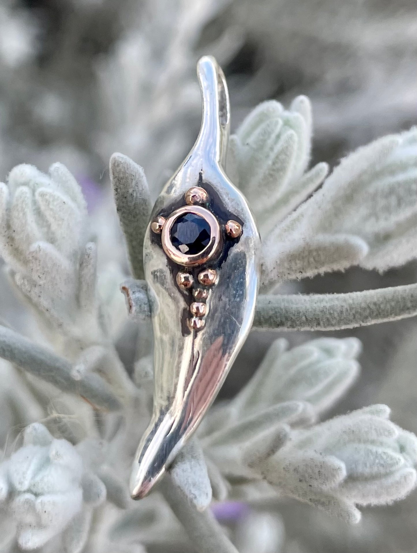 Sterling Silver, Rose Gold & Australian Sapphire 'Leaf' Pendant