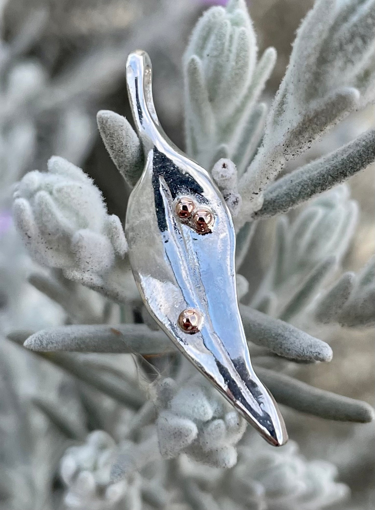 Sterling silver leaf pendant with 9ct Rose gold ball detail