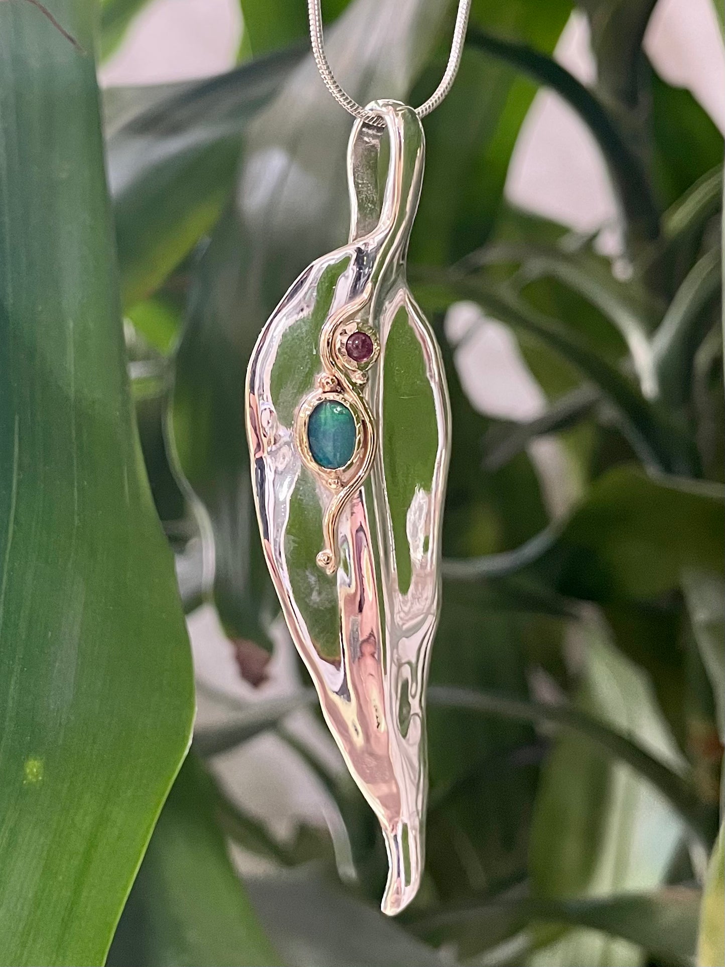 Sterling silver and 9ct Yellow gold, Opal and Pink Tourmaline Gumleaf pendant