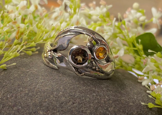 Sterling Silver Smokey Quartz and Citrine Split Band Leaf Ring